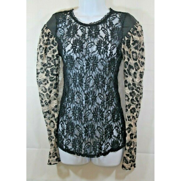 Free People Lace Blouse Black Sheer Animal Print Long Sleeves Top Womens SP - Picture 1 of 6